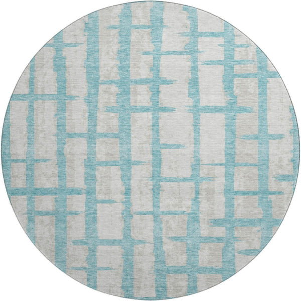 HomeRoots 8' Teal and Beige Striped Washable Round Rug - Durable, UV-Protected, Stylish for High-Traffic Spaces 669411