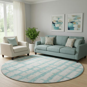 HomeRoots 8' Teal and Beige Striped Washable Round Rug - Durable, UV-Protected, Stylish for High-Traffic Spaces 669411