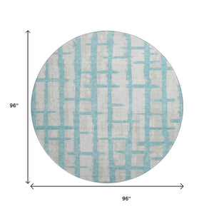 HomeRoots 8' Teal and Beige Striped Washable Round Rug - Durable, UV-Protected, Stylish for High-Traffic Spaces 669411