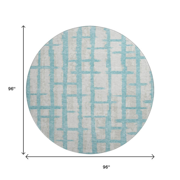 HomeRoots 8' Teal and Beige Striped Washable Round Rug - Durable, UV-Protected, Stylish for High-Traffic Spaces 669411