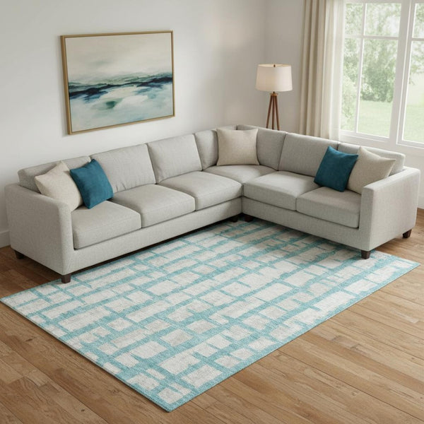 HomeRoots 8' X 10' Stylish Teal & Beige Striped Area Rug - Washable, UV Protected, Perfect for Busy Homes! 669412