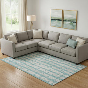 HomeRoots 9' X 12' Teal and Beige Striped Area Rug – Washable, UV-Protected, and Perfect for High-Traffic Spaces! 669413