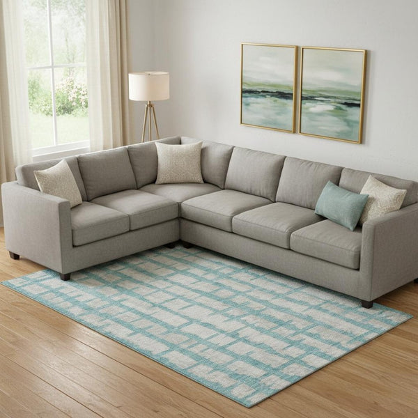 HomeRoots 9' X 12' Teal and Beige Striped Area Rug – Washable, UV-Protected, and Perfect for High-Traffic Spaces! 669413