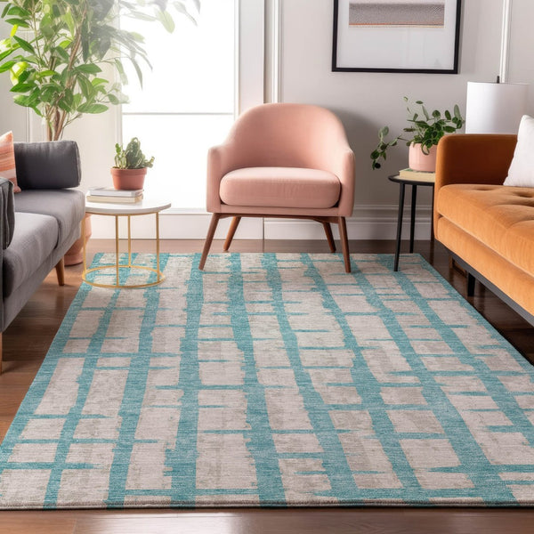 HomeRoots 10' Teal and Beige Striped Washable Area Rug - UV Protected, Stain-Resistant, Perfect for Homes! 669414