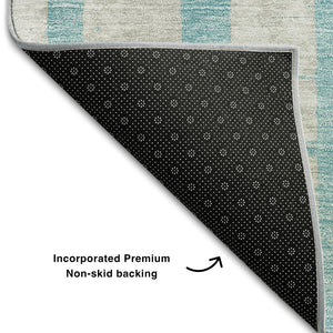 HomeRoots 10' Teal and Beige Striped Washable Area Rug - UV Protected, Stain-Resistant, Perfect for Homes! 669414