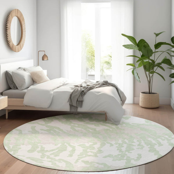 HomeRoots 8' Artichoke Green & Ivory Animal Print Washable Round Rug with UV Protection for Modern Spaces 669417