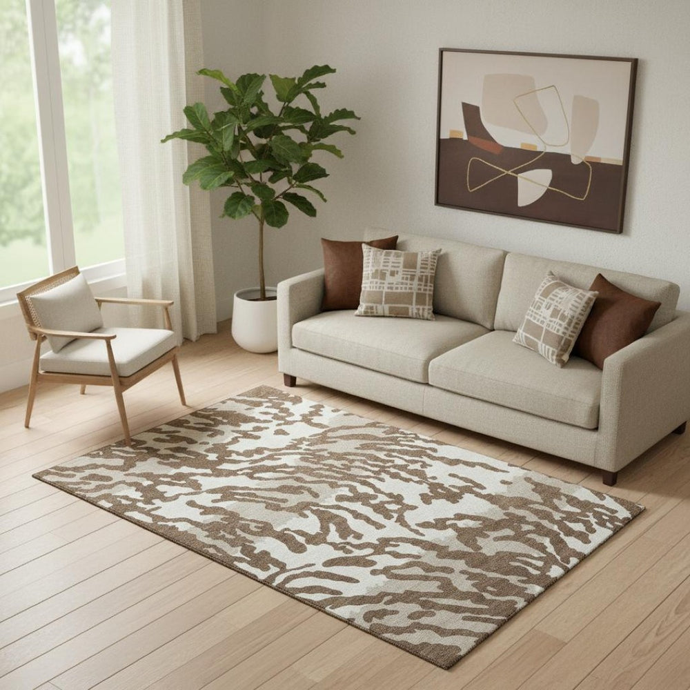 HomeRoots 5' X 8' Chocolate and Beige Animal Print Area Rug – Washable, UV-Protected, Perfect for Homes with Kids! 669428
