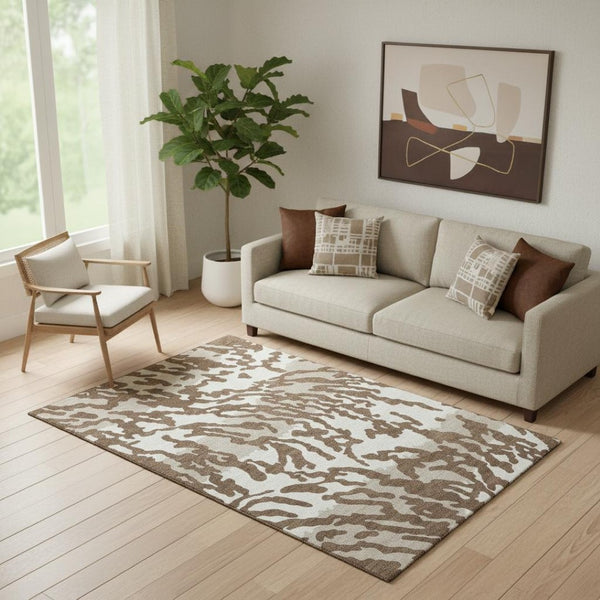 HomeRoots 5' X 8' Chocolate and Beige Animal Print Area Rug – Washable, UV-Protected, Perfect for Homes with Kids! 669428