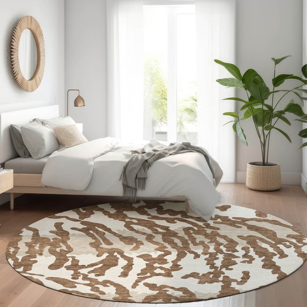 HomeRoots 8' Stylish Chocolate and Beige Animal Print Round Rug – Washable, UV-Protected for High-Traffic Areas 669429