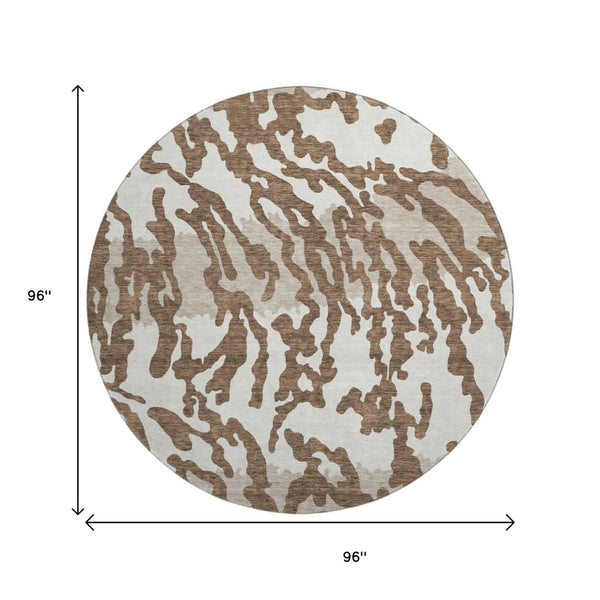 HomeRoots 8' Stylish Chocolate and Beige Animal Print Round Rug – Washable, UV-Protected for High-Traffic Areas 669429