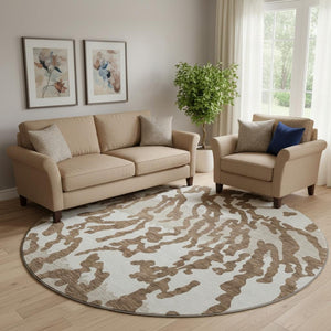 HomeRoots 8' Stylish Chocolate and Beige Animal Print Round Rug – Washable, UV-Protected for High-Traffic Areas 669429