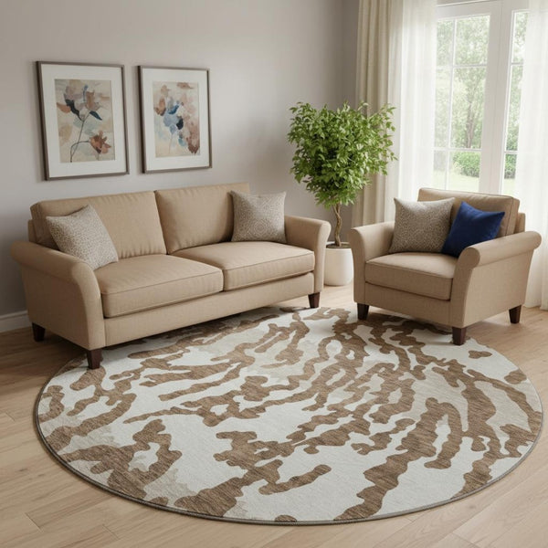 HomeRoots 8' Stylish Chocolate and Beige Animal Print Round Rug – Washable, UV-Protected for High-Traffic Areas 669429