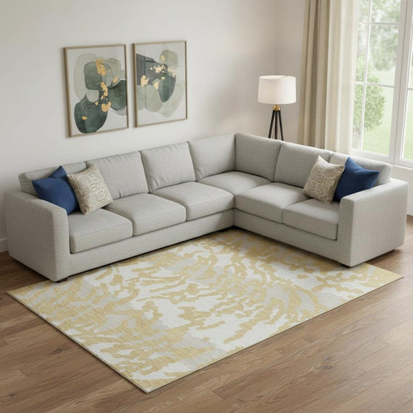 HomeRoots 9' X 12' Gold & Ivory Animal Print Area Rug - Washable, UV Protected, Kid & Pet Friendly Design! 669437