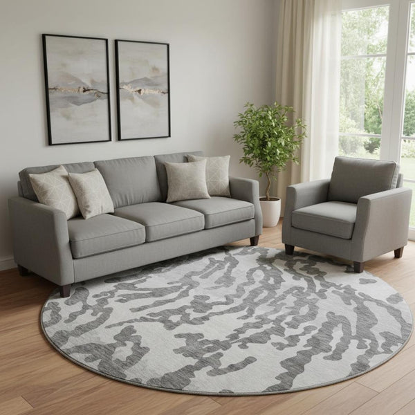HomeRoots 8' Gray and Ivory Animal Print Round Rug – Washable, UV-Protected, Durable for Homes with Kids & Pets 669441