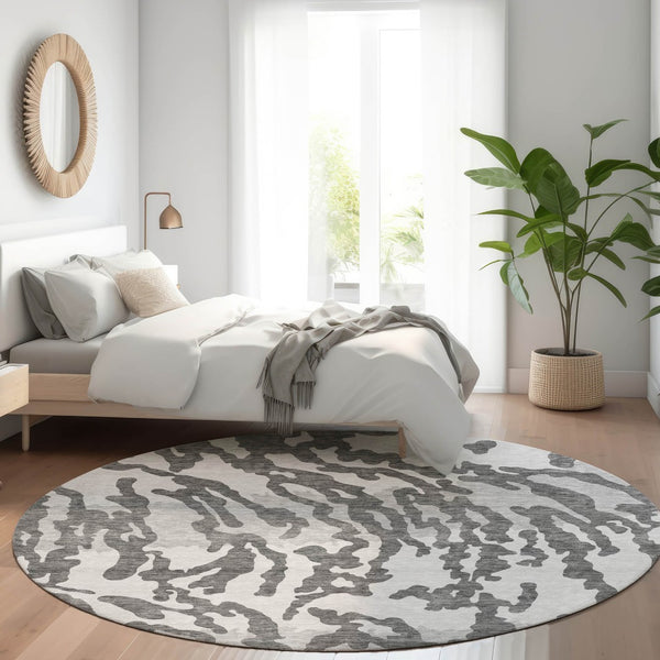 HomeRoots 8' Gray and Ivory Animal Print Round Rug – Washable, UV-Protected, Durable for Homes with Kids & Pets 669441