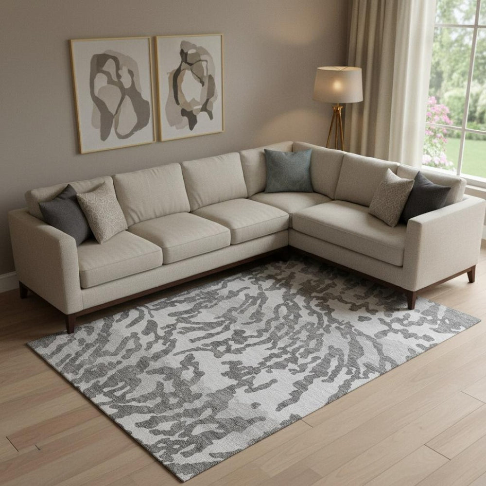 HomeRoots 9' X 12' Stylish Gray and Ivory Animal Print Washable Area Rug with UV Protection for High Traffic Spaces 669443