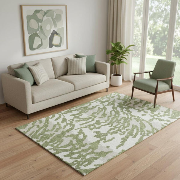 HomeRoots 5' X 8' Green And Ivory Animal Print Rug - Washable, Stain Resistant, UV Protected for Busy Homes 669446