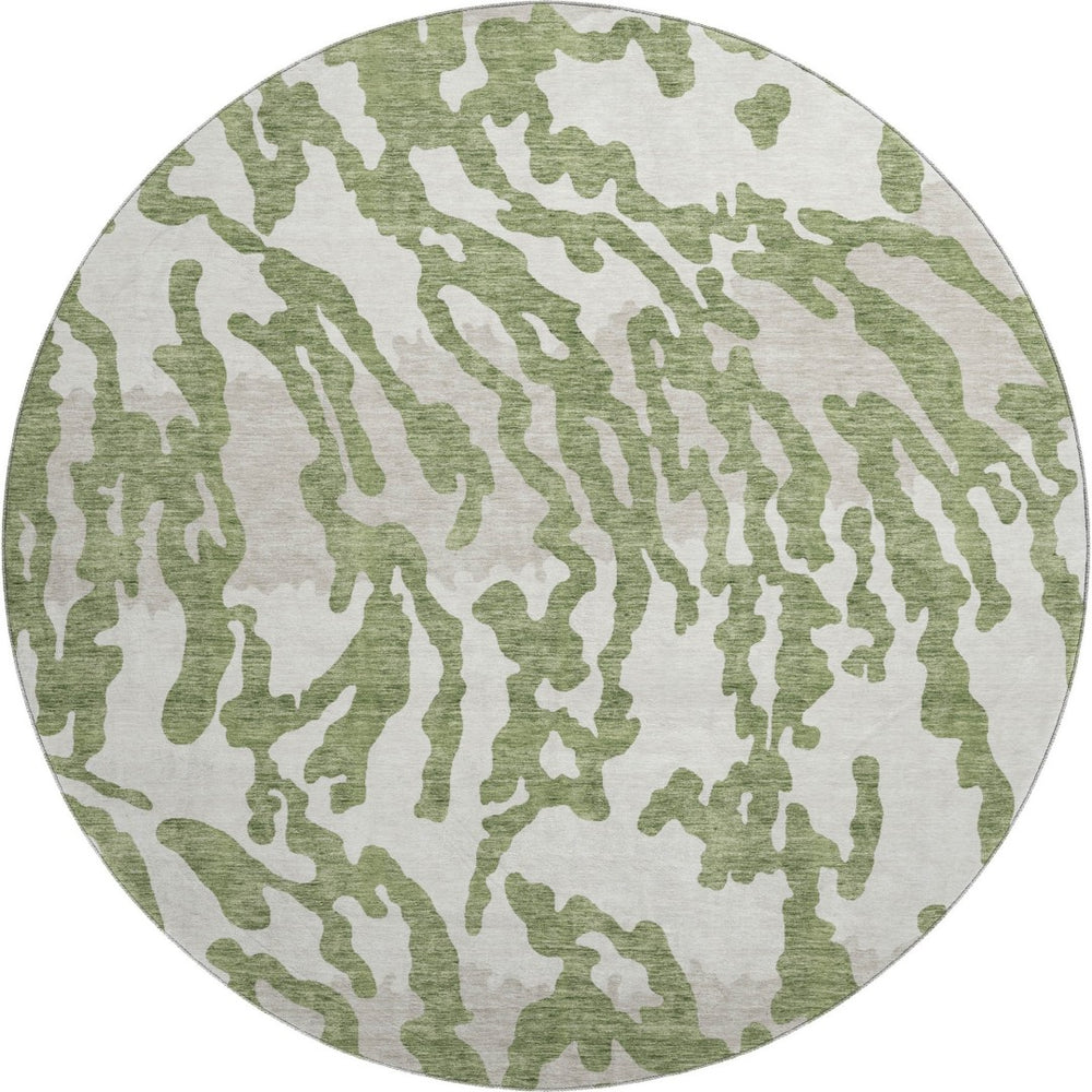 HomeRoots 8' Green and Ivory Animal Print Round Rug - Washable, UV Protected, Stain Resistant for Modern Homes 669447
