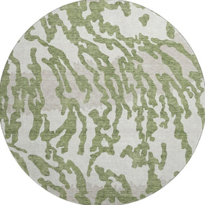 HomeRoots 8' Green and Ivory Animal Print Round Rug - Washable, UV Protected, Stain Resistant for Modern Homes 669447