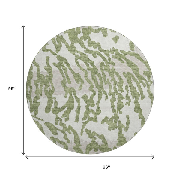 HomeRoots 8' Green and Ivory Animal Print Round Rug - Washable, UV Protected, Stain Resistant for Modern Homes 669447
