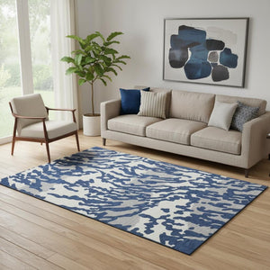 HomeRoots 5' X 8' Stylish Navy Blue & Ivory Animal Print Area Rug - Washable, UV-Protected, Pet-Friendly Design 669458