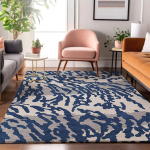 HomeRoots 5' X 8' Stylish Navy Blue & Ivory Animal Print Area Rug - Washable, UV-Protected, Pet-Friendly Design 669458