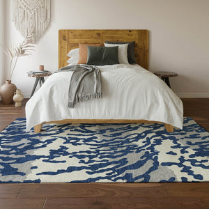 HomeRoots 5' X 8' Stylish Navy Blue & Ivory Animal Print Area Rug - Washable, UV-Protected, Pet-Friendly Design 669458