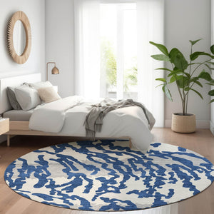 HomeRoots 8' Navy Blue & Ivory Animal Print Round Rug - Washable, UV Protected, Durable & Stain Resistant! 669459