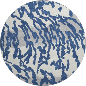 HomeRoots 8' Navy Blue & Ivory Animal Print Round Rug - Washable, UV Protected, Durable & Stain Resistant! 669459