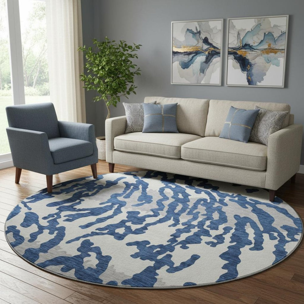 HomeRoots 8' Navy Blue & Ivory Animal Print Round Rug - Washable, UV Protected, Durable & Stain Resistant! 669459