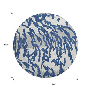 HomeRoots 8' Navy Blue & Ivory Animal Print Round Rug - Washable, UV Protected, Durable & Stain Resistant! 669459