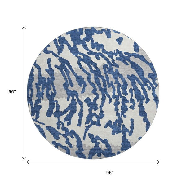 HomeRoots 8' Navy Blue & Ivory Animal Print Round Rug - Washable, UV Protected, Durable & Stain Resistant! 669459