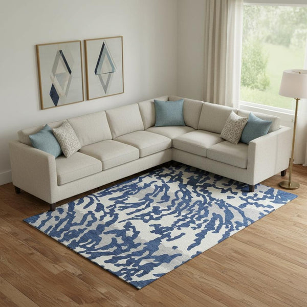 HomeRoots 9' X 12' Navy Blue & Ivory Animal Print Area Rug – Durable, Washable, UV Protected for High-Traffic Areas 669461