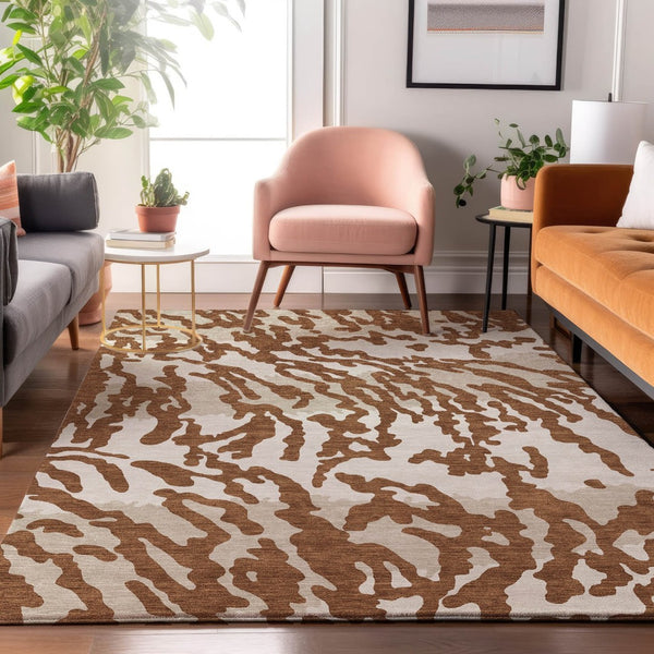 HomeRoots 5' X 8' Versatile Washable Animal Print Rug in Rust and Ivory - Stain Resistant, UV Protected, Durable 669464