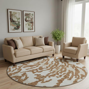 HomeRoots 8' Washable Round Rug with Rust and Ivory Animal Print - UV Protected, Durable, and Stylish Design! 669465