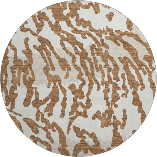 HomeRoots 8' Washable Round Rug with Rust and Ivory Animal Print - UV Protected, Durable, and Stylish Design! 669465