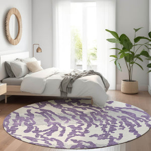 HomeRoots 8' Purple And Ivory Animal Print Round Area Rug - Washable, UV Protected, Perfect for High-Traffic Spaces 669471