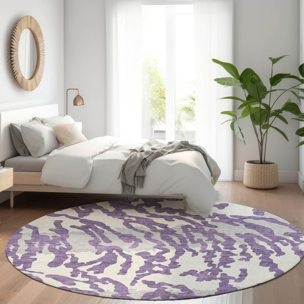 HomeRoots 8' Purple And Ivory Animal Print Round Area Rug - Washable, UV Protected, Perfect for High-Traffic Spaces 669471