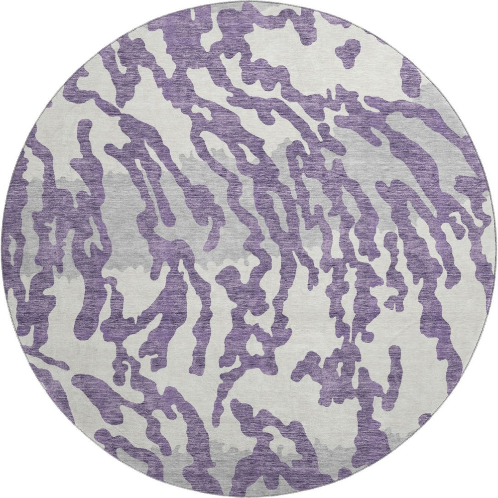 HomeRoots 8' Purple And Ivory Animal Print Round Area Rug - Washable, UV Protected, Perfect for High-Traffic Spaces 669471