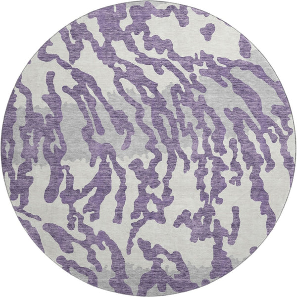 HomeRoots 8' Purple And Ivory Animal Print Round Area Rug - Washable, UV Protected, Perfect for High-Traffic Spaces 669471