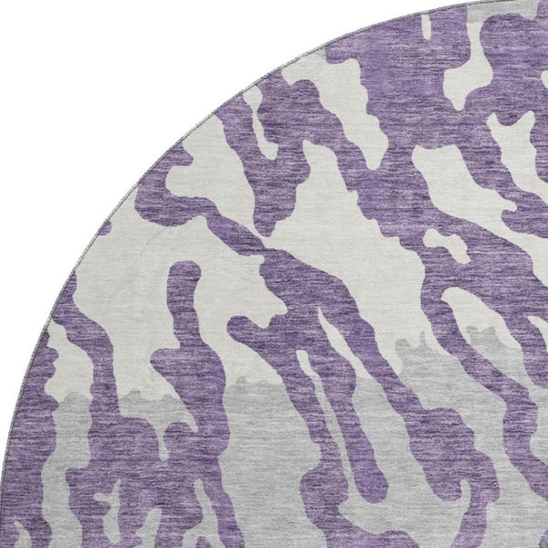 HomeRoots 8' Purple And Ivory Animal Print Round Area Rug - Washable, UV Protected, Perfect for High-Traffic Spaces 669471