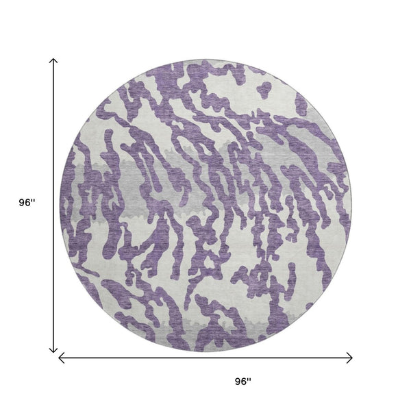 HomeRoots 8' Purple And Ivory Animal Print Round Area Rug - Washable, UV Protected, Perfect for High-Traffic Spaces 669471
