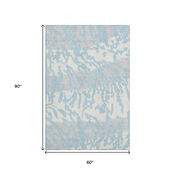 HomeRoots 5' X 8' Sky Blue & Ivory Animal Print Area Rug - Durable, Stain-Resistant, UV-Protected Design! 669476