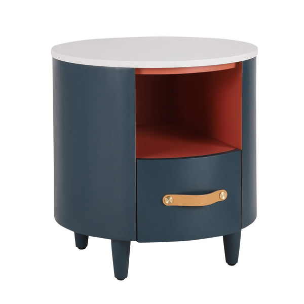 English Elm Christopher Knight Home® - Contemporary Round Nightstand with Drawer & Open Shelf, Curved Bedside Table with Leather Handles Blue 22 L x 22 W x 19.75 H N761P285708C
