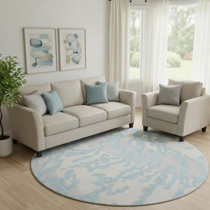 HomeRoots 8' Sky Blue & Ivory Animal Print Washable Round Rug - Durable, Stain Resistant & UV Protected Design 669477