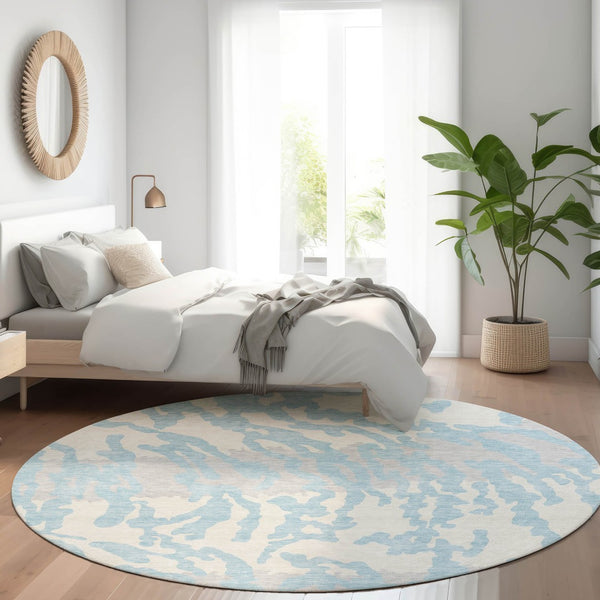 HomeRoots 8' Sky Blue & Ivory Animal Print Washable Round Rug - Durable, Stain Resistant & UV Protected Design 669477