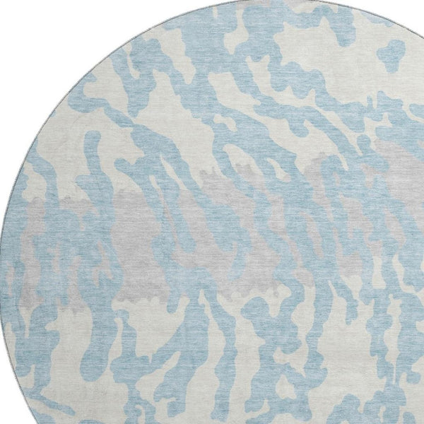 HomeRoots 8' Sky Blue & Ivory Animal Print Washable Round Rug - Durable, Stain Resistant & UV Protected Design 669477