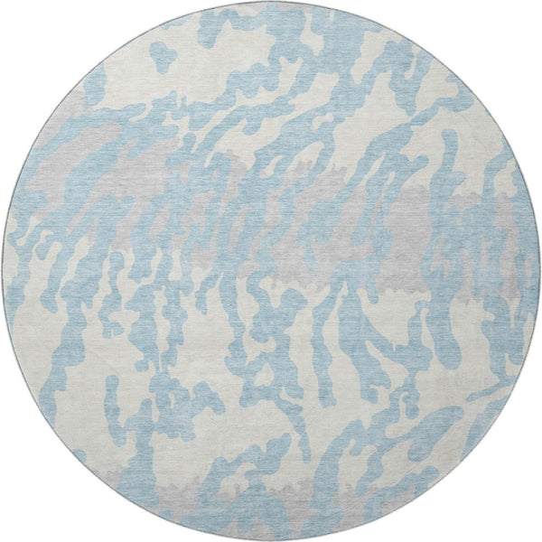 HomeRoots 8' Sky Blue & Ivory Animal Print Washable Round Rug - Durable, Stain Resistant & UV Protected Design 669477