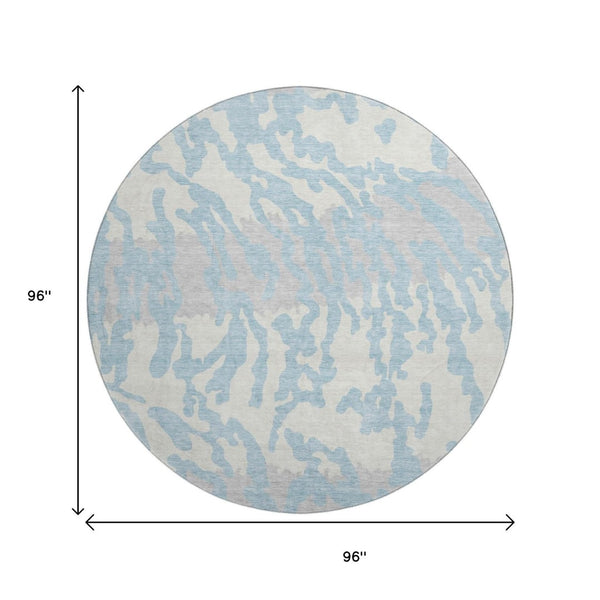 HomeRoots 8' Sky Blue & Ivory Animal Print Washable Round Rug - Durable, Stain Resistant & UV Protected Design 669477