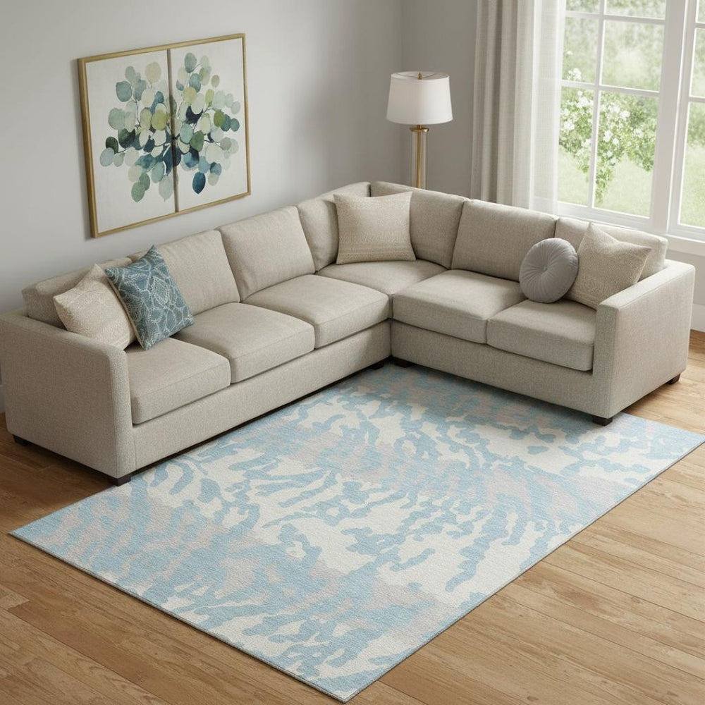 HomeRoots 8' X 10' Sky Blue & Ivory Animal Print Washable Area Rug - UV Protected, Stain-Resistant & Durable! 669478
